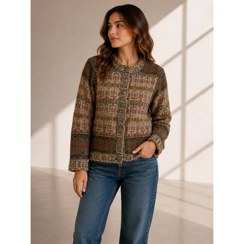 Iva Knight Cropped Cardigan Womens S? Brown Wool Blend Fair Isle Nordic Boho